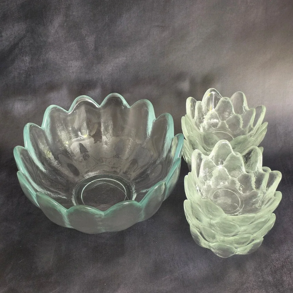 Blenko‎ 6143L Lotus Serving Bowl Set w 8 Matching 6143S Bowls in Crystal